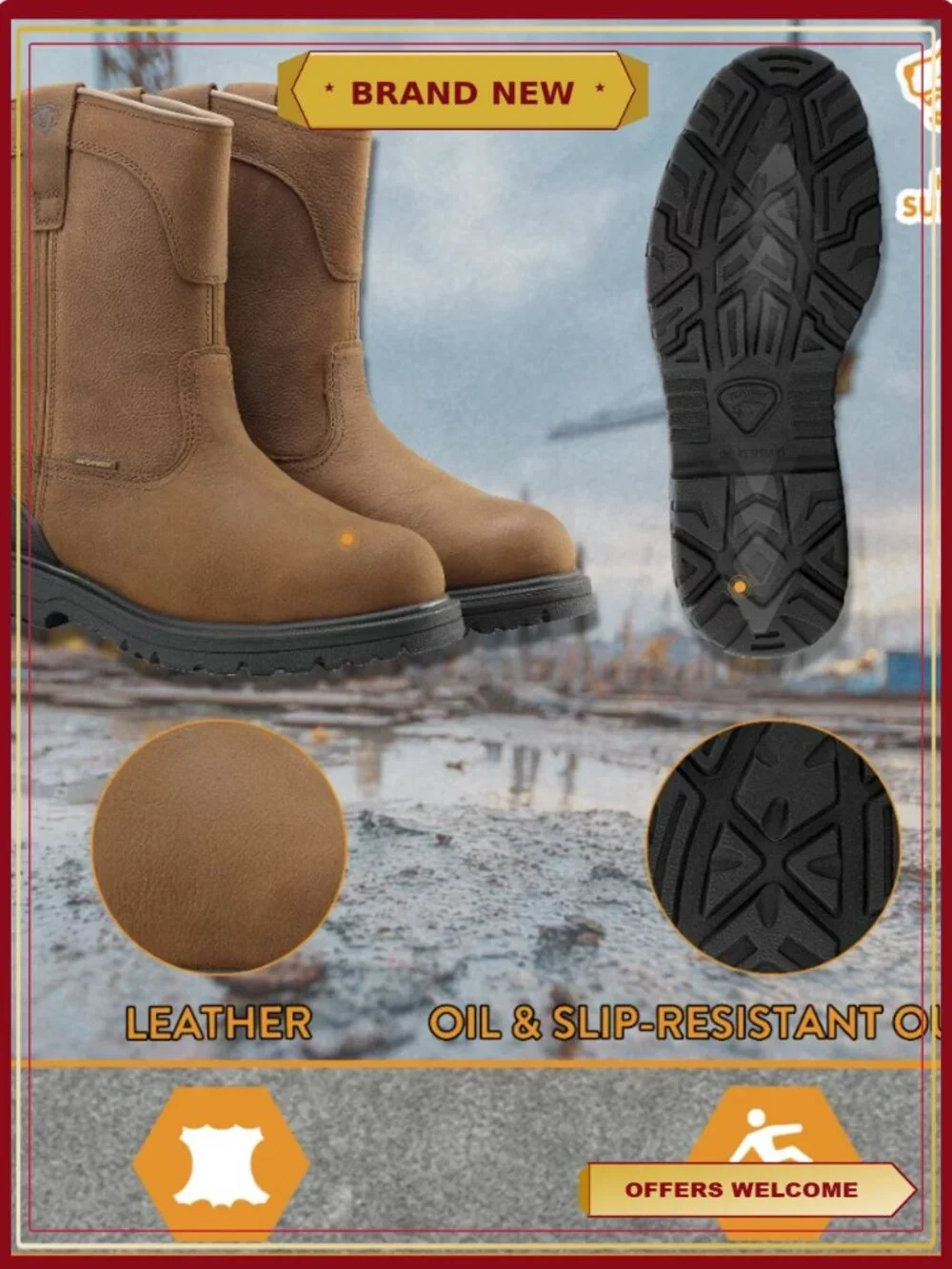Men's Steel Toe Waterproof Pull On Work Boots Full Grain Leather